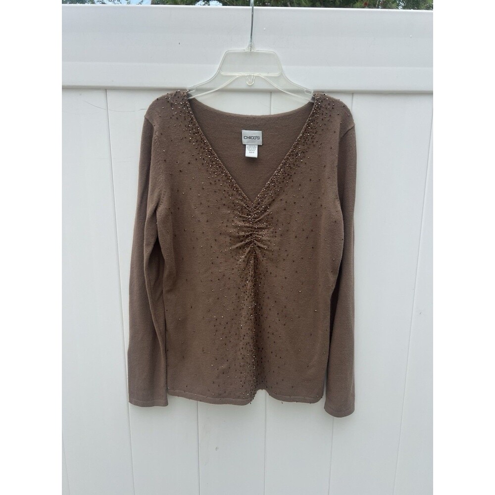 Chico's 0 Pullover Sweater V Neck Long Sleeve Embellished Brown Rayon Small